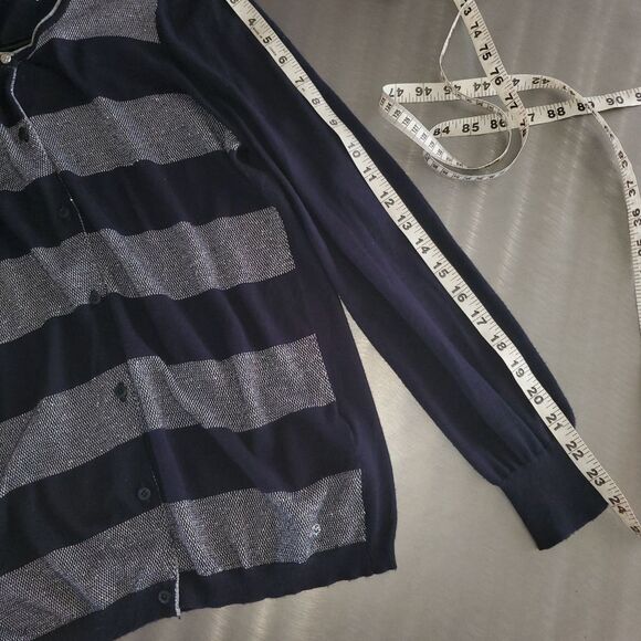 Escada Sport Metalic Silver Navy Striped Button Fine Knit Cardigan Size Medium - Picture 9 of 13